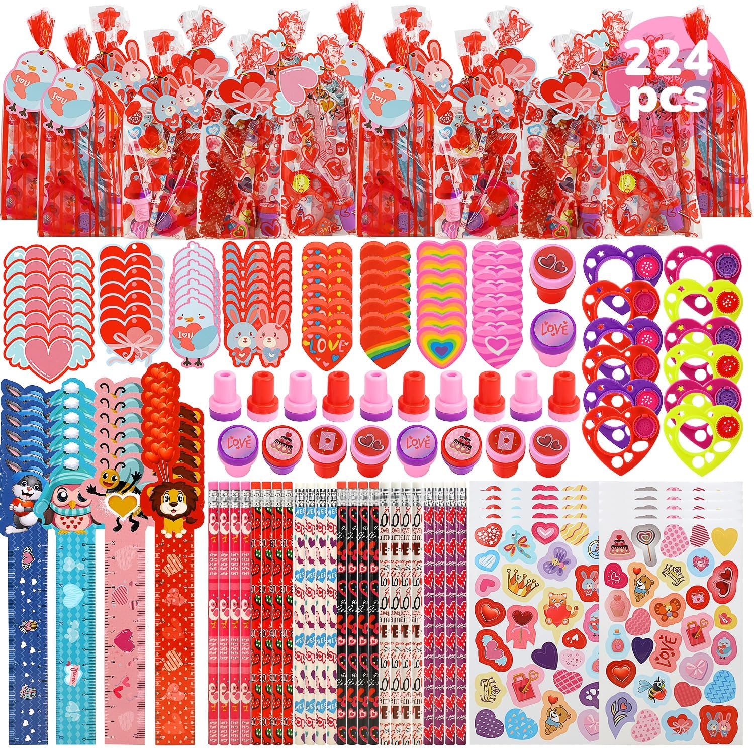 224 Pcs Valentines Day Goodie Bags for Kids, Classroom Exchange 28 Pack Valentines Day Gifts for Students from Teacher Valentine Treats for Kids