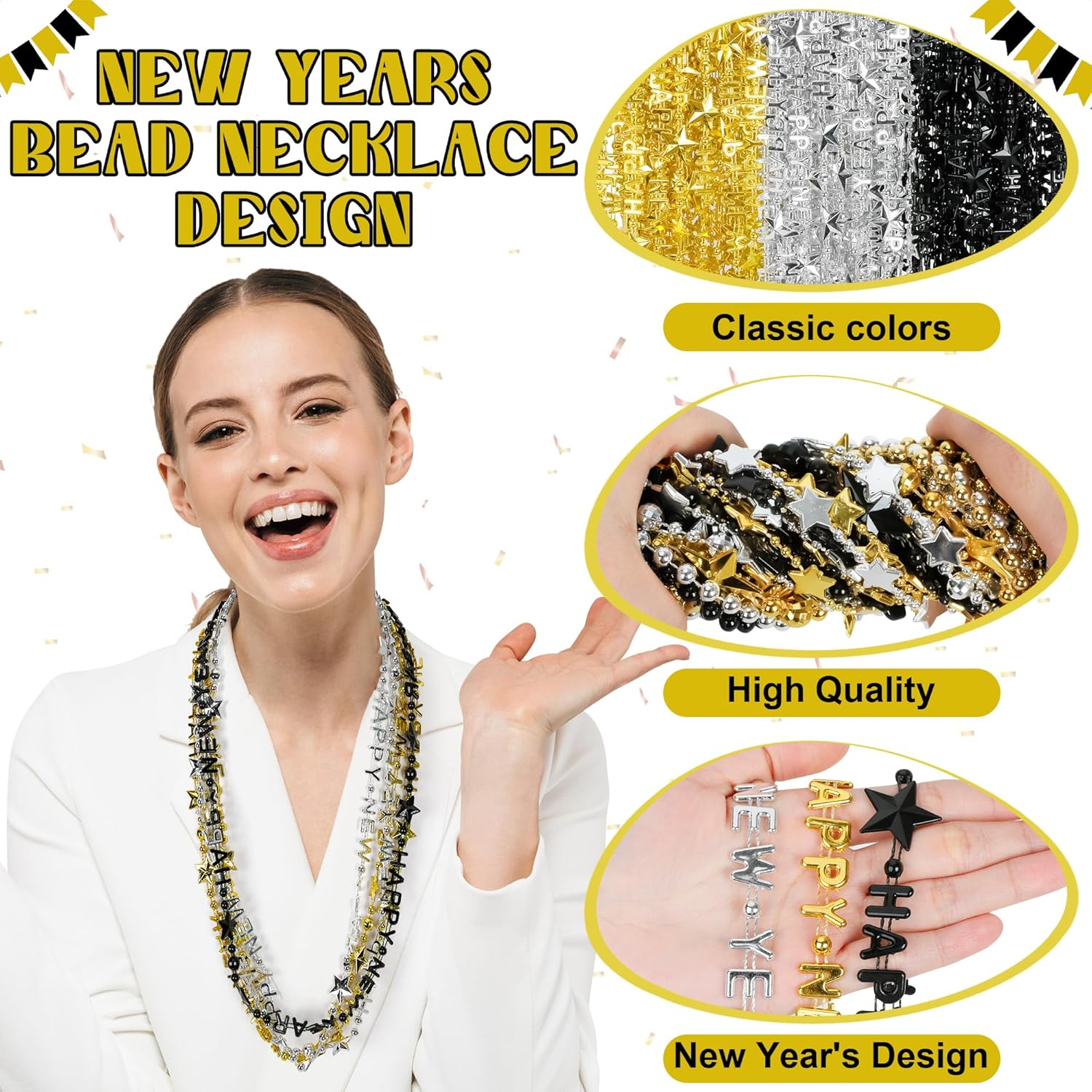 24PCS New Years Necklace Decorations, Bead Necklaces Party Supplies 2026, HAPPY NEW YEAR Star Necklaces Bulk Accessories, Black Gold Silver Bead Necklace 2026 Decorations - Image 3
