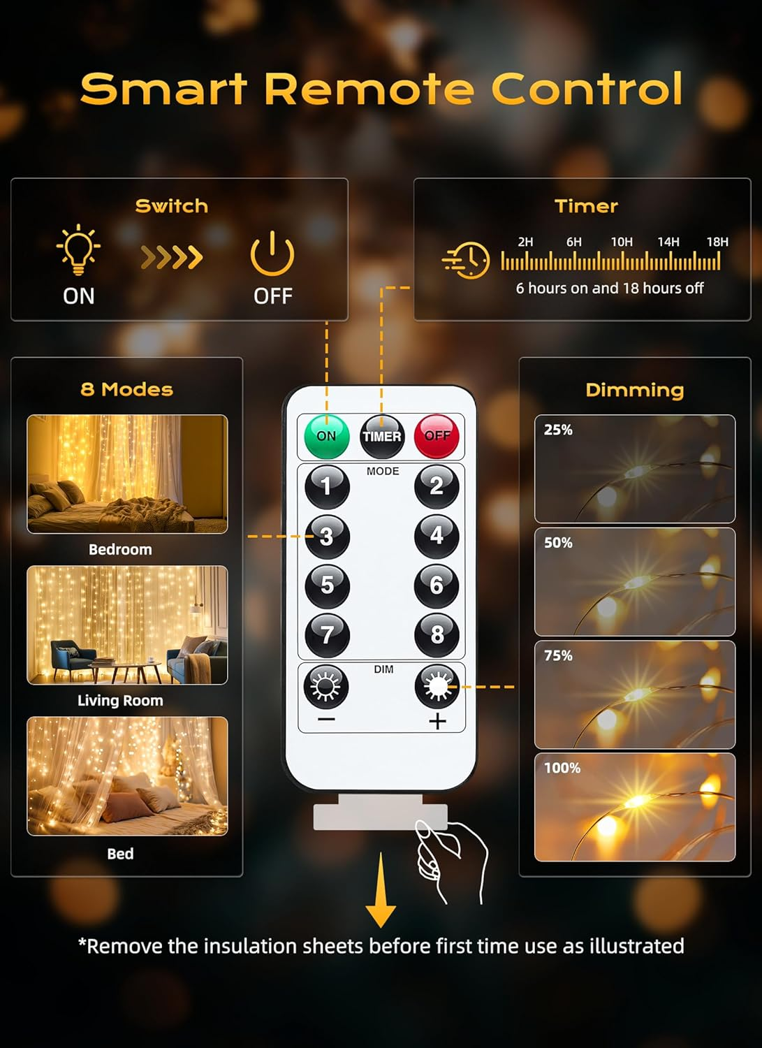 300 LED Fairy Curtain Lights, 9.8Ft X 9.8Ft Warm White Curtain String Lights, USB Plug in 8 Lighting Modes Christmas Decoration, Hanging Lights with Remote for Bedroom Indoor Weddings Dorm - Image 6