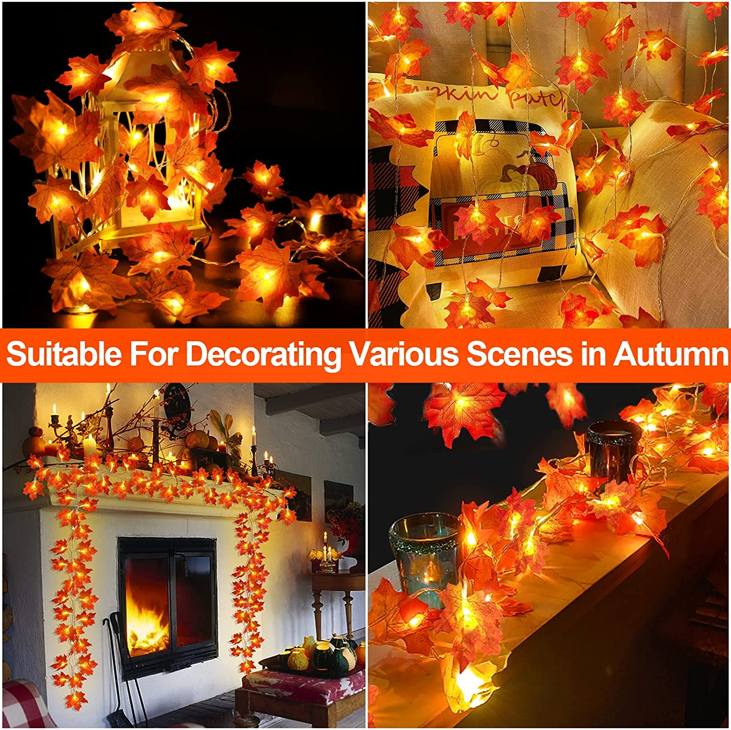 2 Pack Fall Decor Enlarged Maples Leafed Lights Total 20Ft 40LED Thanksgiving Halloween Fall Decorations for Home,Battery Operated Autumn Garland Waterproof Indoor Outdoor Holiday Christmas - Image 6