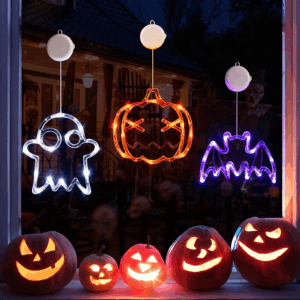Halloween Lights Decorations 2025 3-Pack Orange Pumpkin White Ghost Purple Bat Window Lights with Suction Cups, Battery Operated Halloween LED Lights Window Decor Slow Fade Mode and Timer