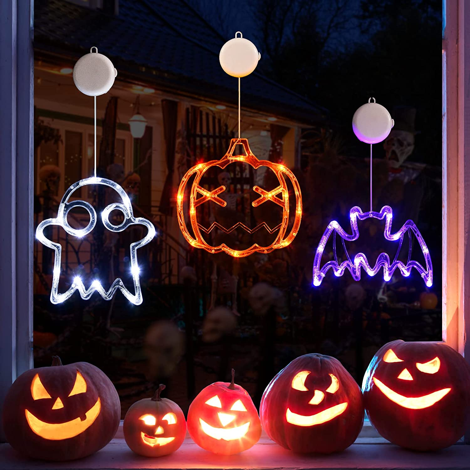 Halloween Lights Decorations 2025 3-Pack Orange Pumpkin White Ghost Purple Bat Window Lights with Suction Cups, Battery Operated Halloween LED Lights Window Decor Slow Fade Mode and Timer