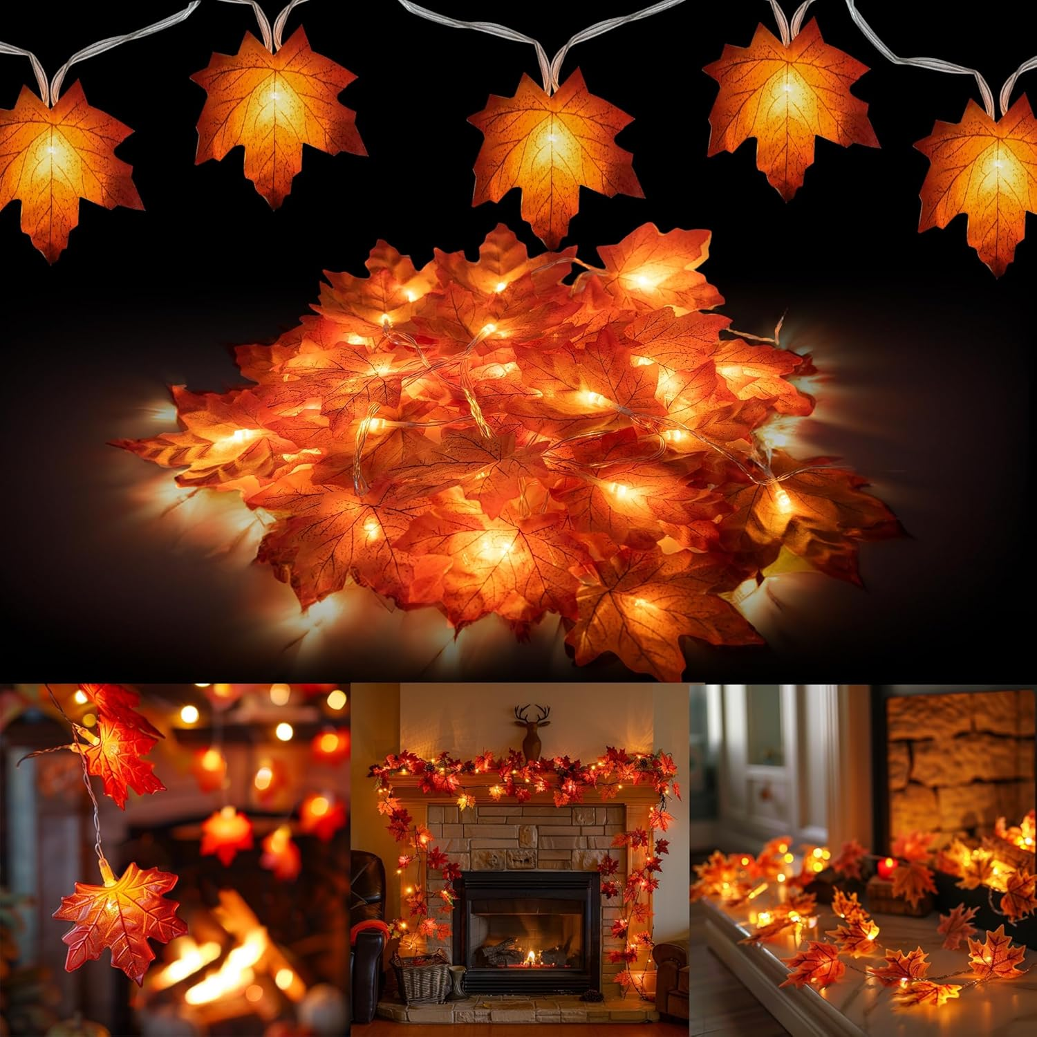 2 Pack Thanksgiving Maple Leaf String Lights, Total 20FT 40 LED Battery Operated Lighted Fall Leaves Garland, Thanksgiving Decorations for Indoor Outdoor Autumn Harvest Decor