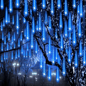 Christmas Lights Outdoor Meteor Shower Lights 24-Tube 576Leds Snow Falling Rain Cascading Icicle Light for Xmas Tree Christmas Decorations Wedding Party Holiday Garden Decor, UL Plug Blue