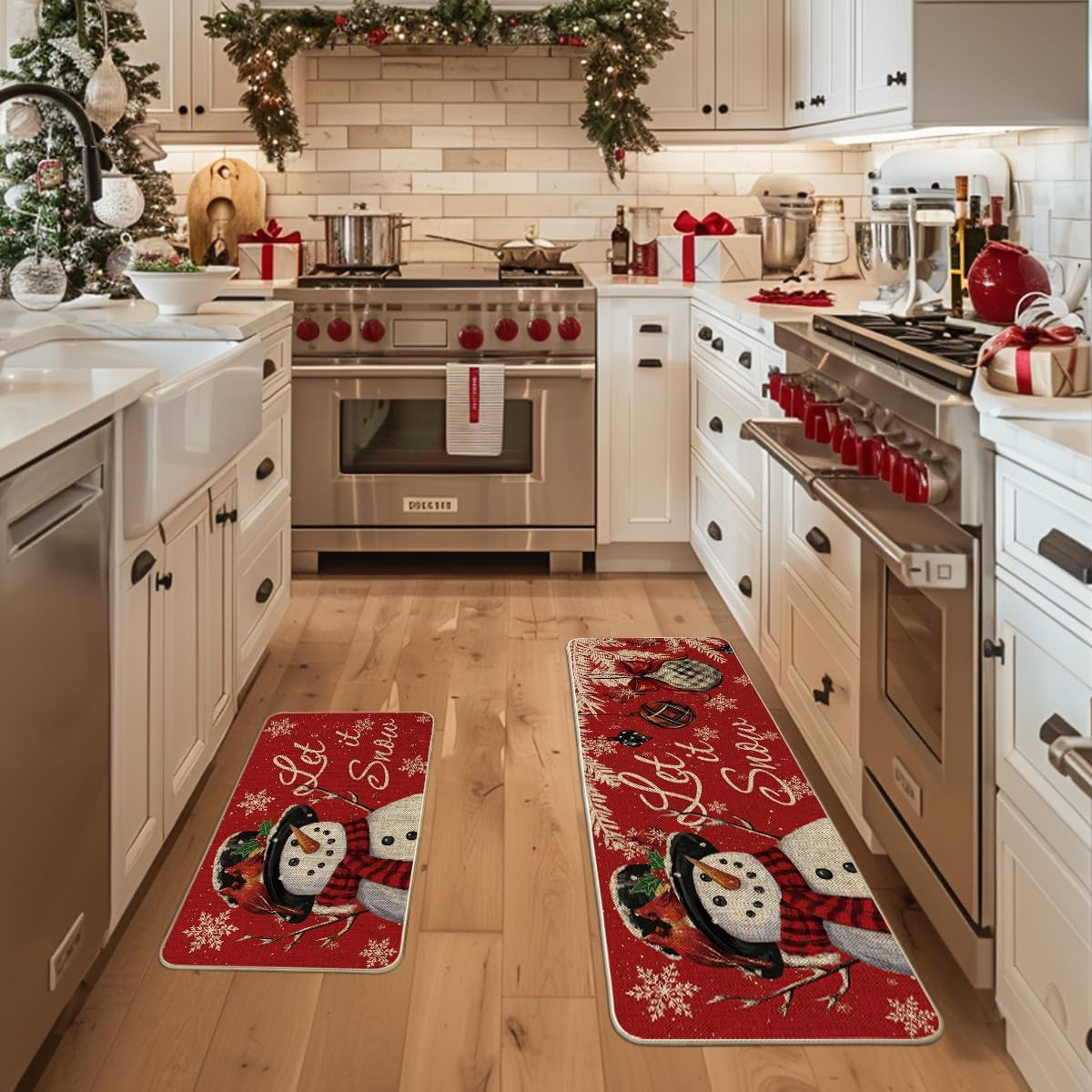 Snowman Let It Snow Snowflake Christmas Kitchen Mats Set of 2, Winter Home Decor Low-Profile Kitchen Rugs for Floor - 17X29 and 17X47 Inch - Image 2