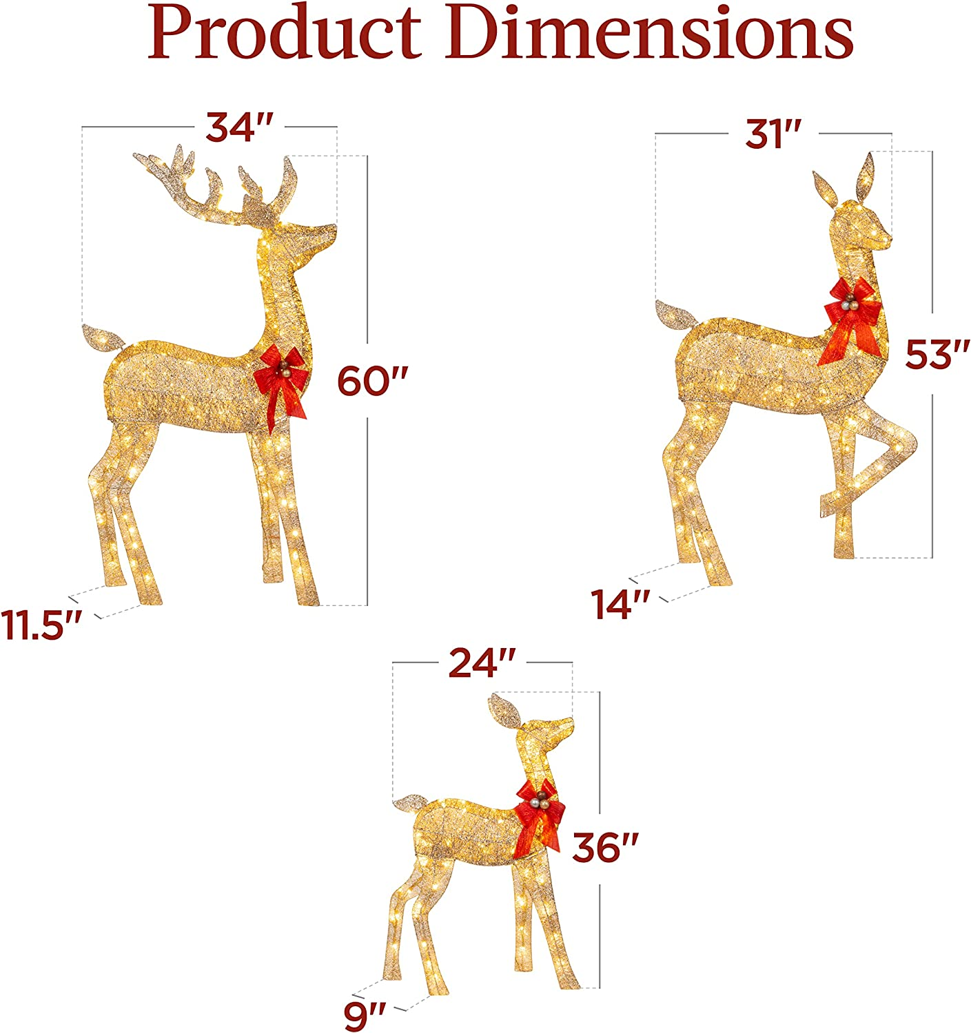 3-Piece Large Lighted Christmas Deer Family Set 5Ft Outdoor Yard Decoration with 360 LED Lights, Stakes, Zip Ties - Gold - Image 7