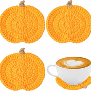 Crochet Pumpkins Coaster Handmade Knitted Drink Coaster Set Autumn Drink Cup Pad Mats Absorbent Bottle Mug Place Mats for Table Protection Fall Halloween Thanksgiving Themed Party Decoration (4 Pcs)