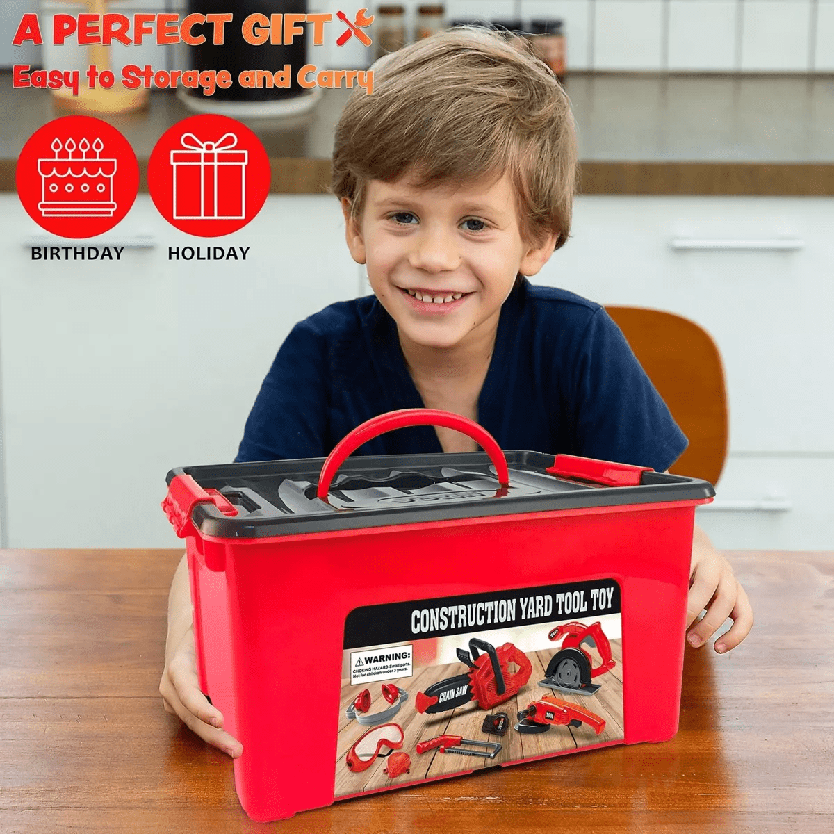 Joyfy 9Pcs Kids Tool Set with Construction Worker Box & Drill Chainsaw, Pretend Play Toddler Tool Toys for Boy Girl Birthday Dress up Party Favors - Image 3