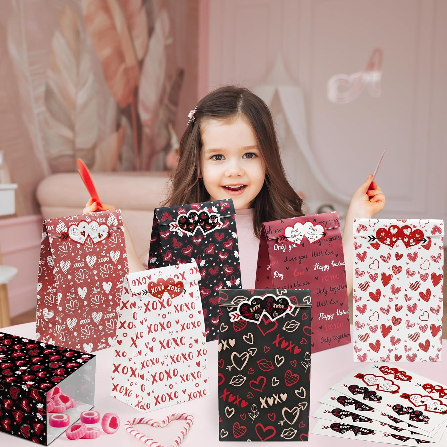Valentines 24 PCS Gift Bags for Kids - School Valentines Day Treat Bags with Stickers - Decorations Party Favors - Image 6