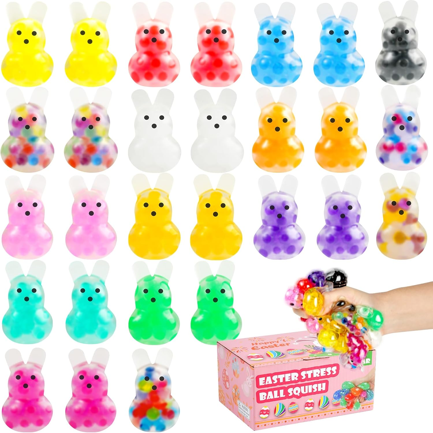 28Packs Easter Bunny Stress Balls,Easter Basket Stuffers,Easter Squishy Squeeze Balls Bulk Fidget Toys for Adults,Stress Relief Balls,Easter Gifts Party Favors (Colorful-28)