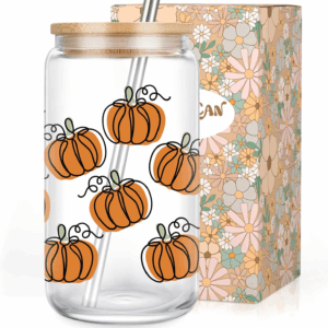 Fall Pumpkin Cup, Halloween Iced Coffee Tumbler, 16 Oz Aesthetic Cute Glass Cups with Lids and Straws, Thanksgiving Tumbler Mug - Fall Gifts, Halloween Boo Basket Gifts for Women, Adults