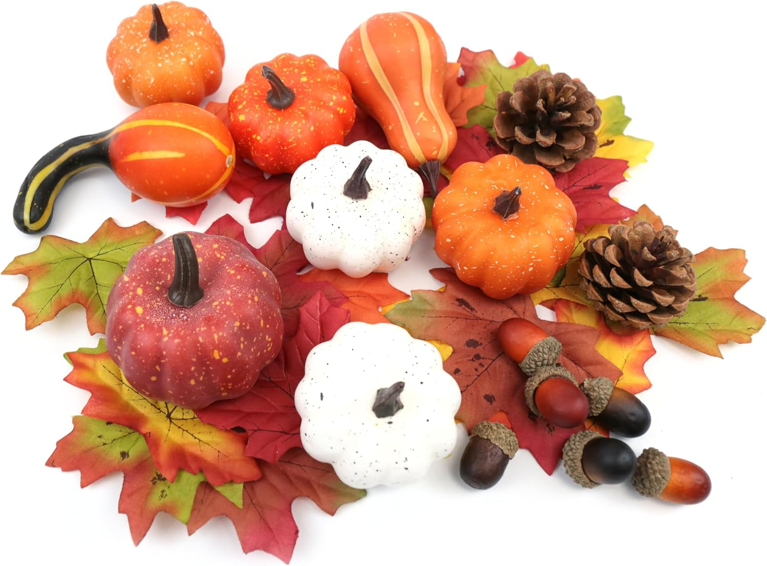 36PCS Mini Artificial Pumpkins Fall Decor Set - Realistic Small Fake Pumpkins for Decorating with Gourd Fall Leaves Acorns Pinecones for Autumn Table Centerpiece, Thanksgiving Harvest Home Decorations