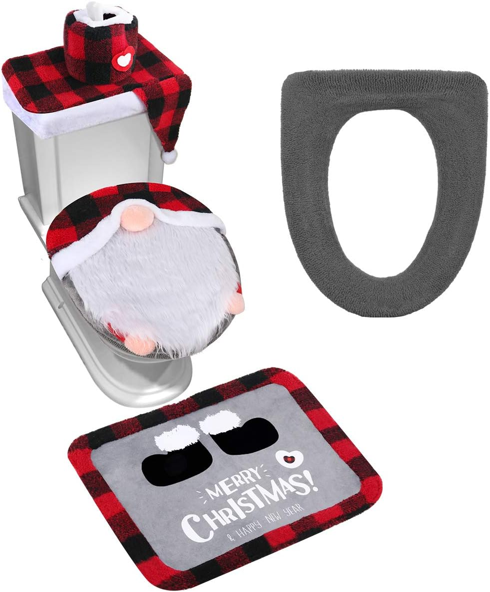 Gnome Toilet Seat Cover and Rug Set of 5, Funny Swedish Tomte Gnomes Scandinavian Christmas Bathroom Decorations 2025