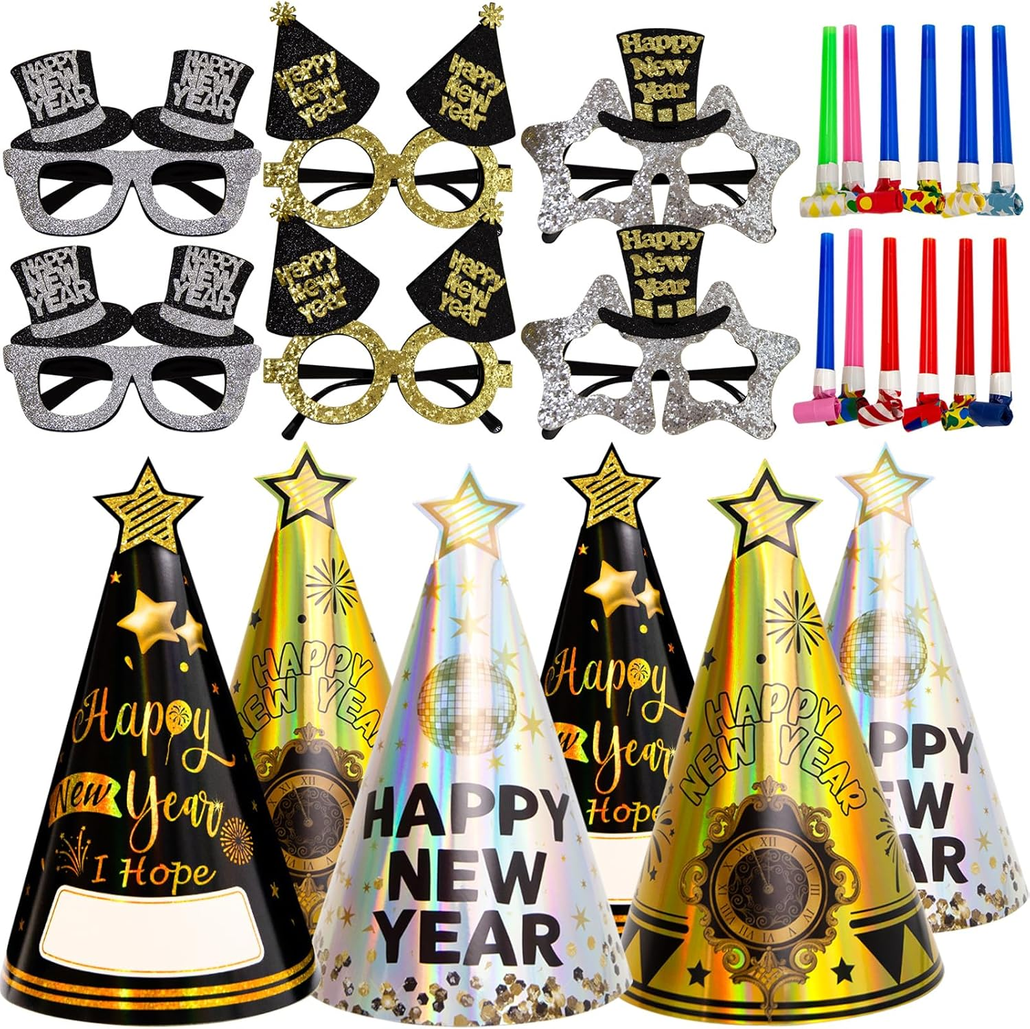 Happy New Years Eve Party Supplies 2026 Party Favors 12 Hats 6 Felt Plastic Frame Glitter Glasses 12 Blowouts New Year Decorations NYE Party Favors Squawkers Noisemakers