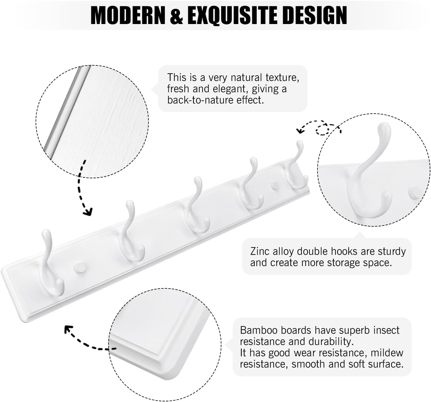 Wooden Coat Rack, Wall-Mounted Organizer for Closet, Entryway, Hallway, Foyer, Bedroom, Heavy Duty Double Hooks for Hanging Towels, Bags, Hats, Jackets, Key (White, 5 Hooks) - Image 4