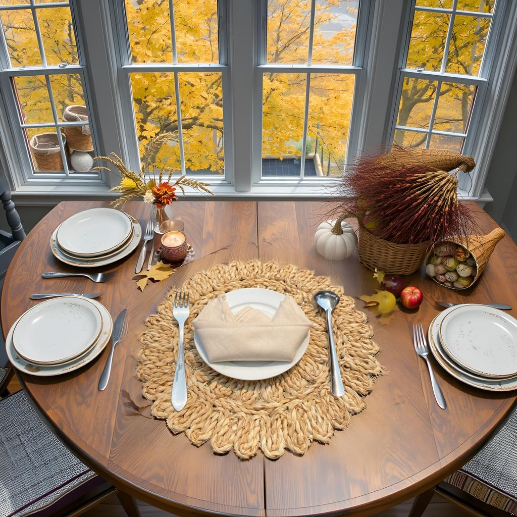 13.8" round Corn Husk Placemats | Boho Woven Rattan Table Mats | Natural Spring Farmhouse Plate Chargers | Handmade Rustic Wicker Place Mats for Christmas Wedding (Set of 4) - Image 7