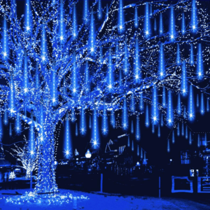 Meteor Shower Lights Outdoor Christmas Lights UL Certified Falling Rain Drop Snowfall Icicle Cascading String Light for Xmas Holiday Tree Wedding Party Garden Decor Blue, 12 Inch 8 Tubes