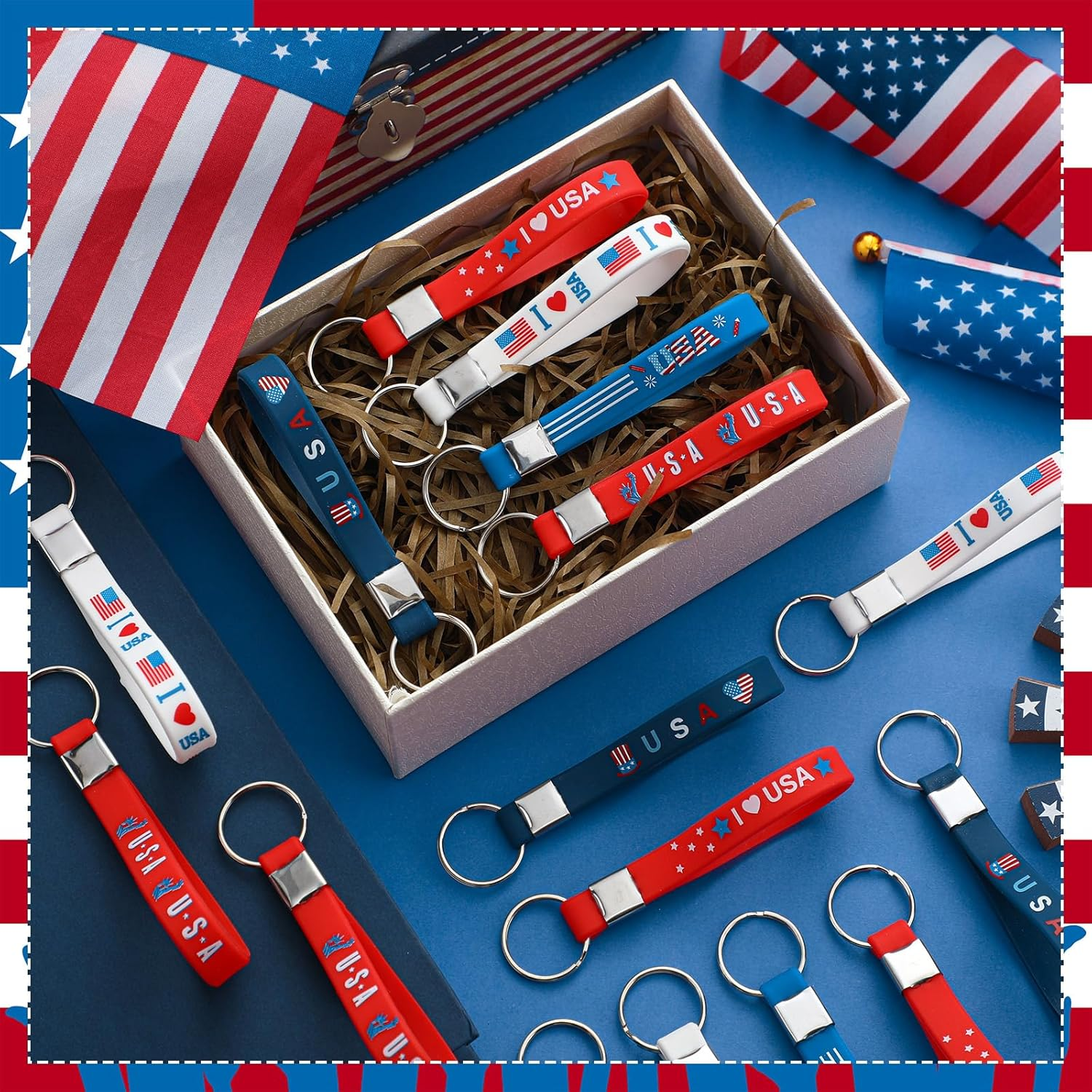 100 Pcs Patriotic Party Favors Bulk Red White and Blue Rubber Keychains USA American Flag Silicone Keychains for Memorial Day Party Accessories Gifts - Image 2