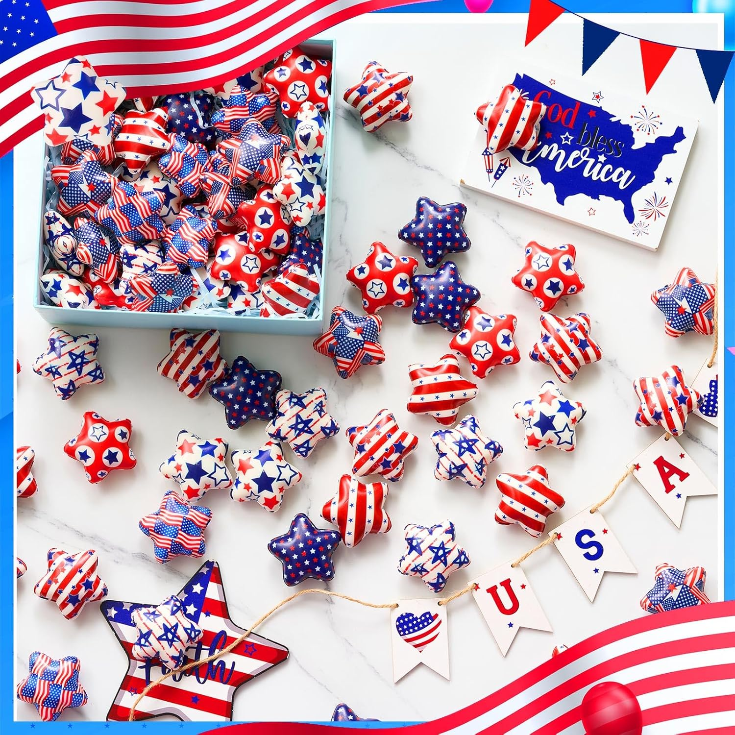 108 Pcs Patriotic Star Stress Ball Bulk 2 Inch Veterans Independence Day Mini Foam Stress Gifts Balls White Red Blue Relief Star Motivational Gifts for 4Th of July Party Carnival Reward(108 Pcs) - Image 3