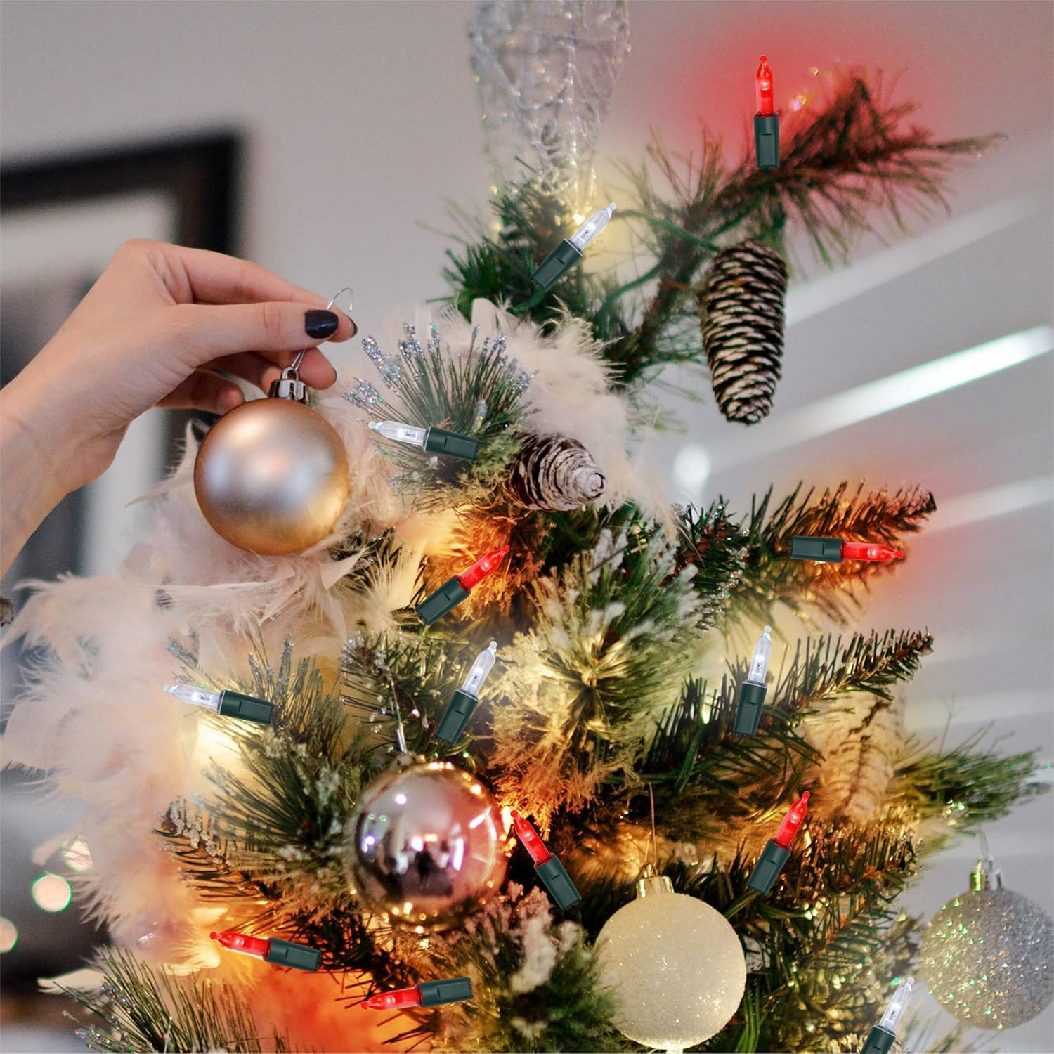 2 Pack 50 LED Outdoor Christmas Lights, 16FT Battery Operated Mini String Lights with 8 Modes & Timer, Xmas Tree Lights Waterproof for Patio Garden Party Wedding Holiday Decor, Red & White - Image 5