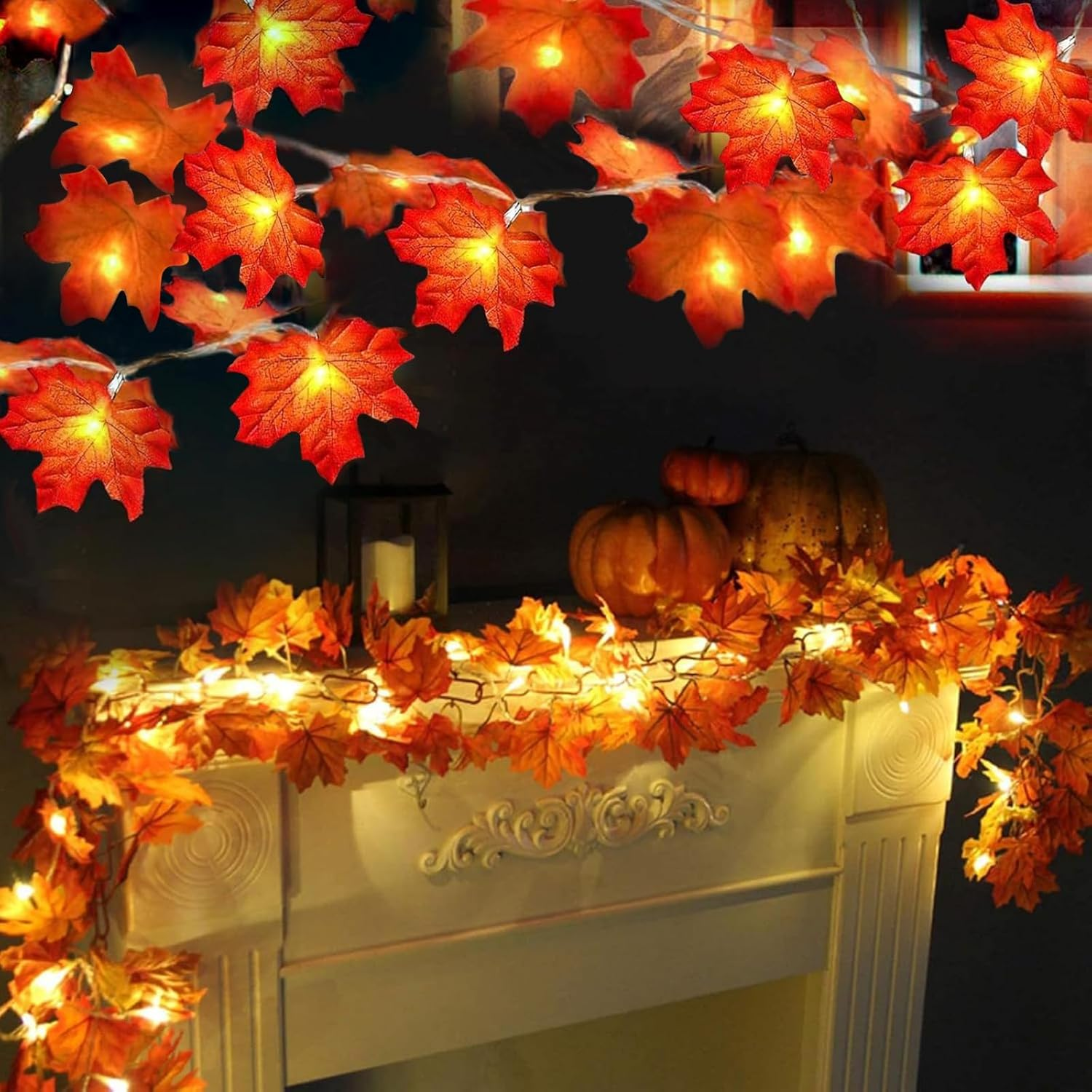 2 Pack Fall Decor Enlarged Maples Leafed Lights Total 20Ft 40LED Thanksgiving Halloween Fall Decorations for Home,Battery Operated Autumn Garland Waterproof Indoor Outdoor Holiday Christmas