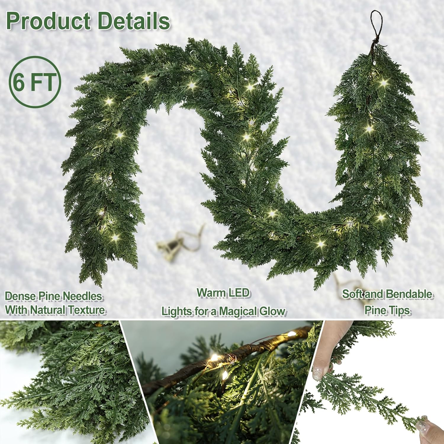 Realistic Christmas Garland with Lights-8 Lighting Modes 6FT Real Touch Lush Artificial Prelit Cedar Garlands for Stairs Railing Fireplace Table Xmas Christmas Decorations Indoor Outdoor Holiday Decor - Image 8