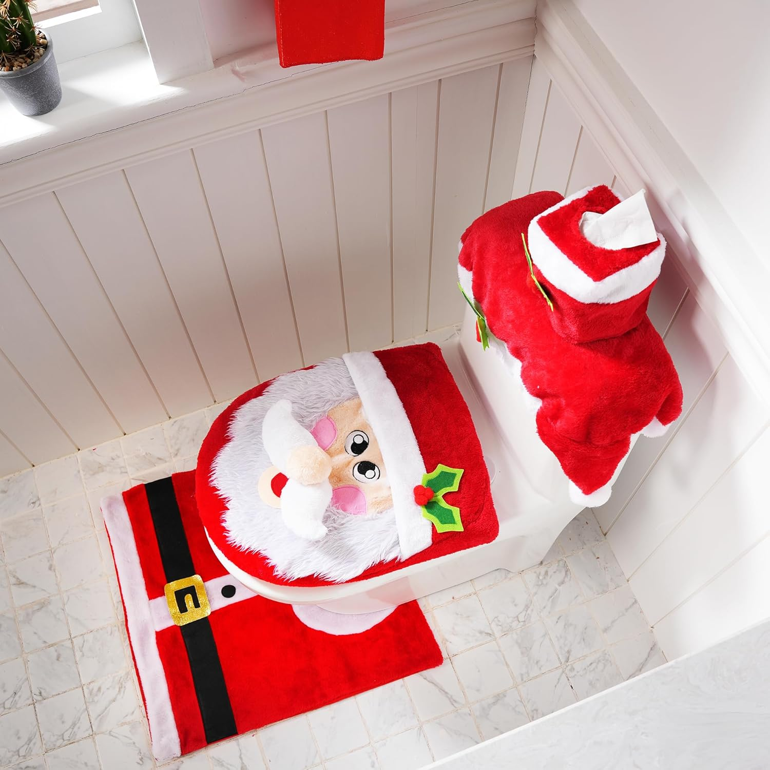 5 Pieces Christmas Theme Bathroom Decoration Set W/Toilet Seat Cover, Rugs, Tank Cover, Toilet Paper Box Cover and Santa Towel for Xmas Indoor Décor, Party Favors (Santa) - Image 2