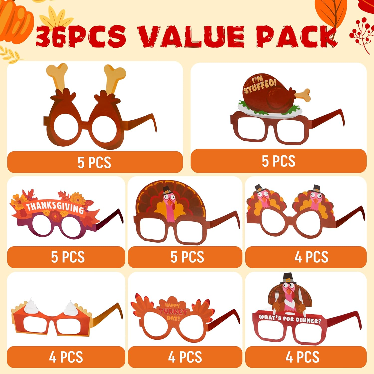 24 Pcs Thanksgiving Turkey Eyeglasses, Turkey Eyewear Frame Pumpkin Maple Leaves Photo Props for Kids Thanksgiving Harvest Party Decoration and Accessories (One Size Fits All) - Image 2