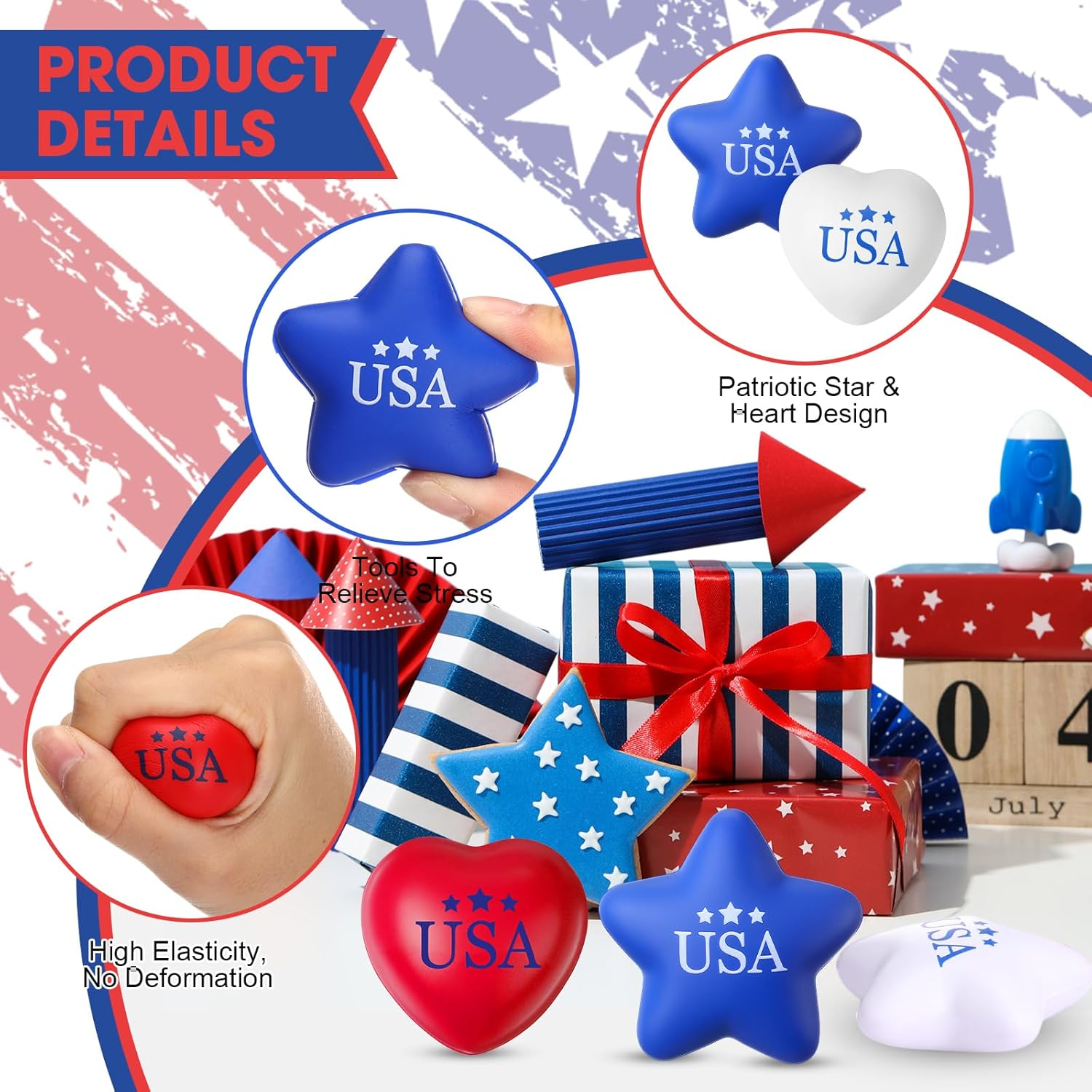 30 Pcs 4Th of July Stress Balls Mini Bulk Patriotic Foam Star Stress Red White Blue Heart Stressballs Independence Day Relief Balls for School Carnival Reward Patriotic Party Favor - Image 3