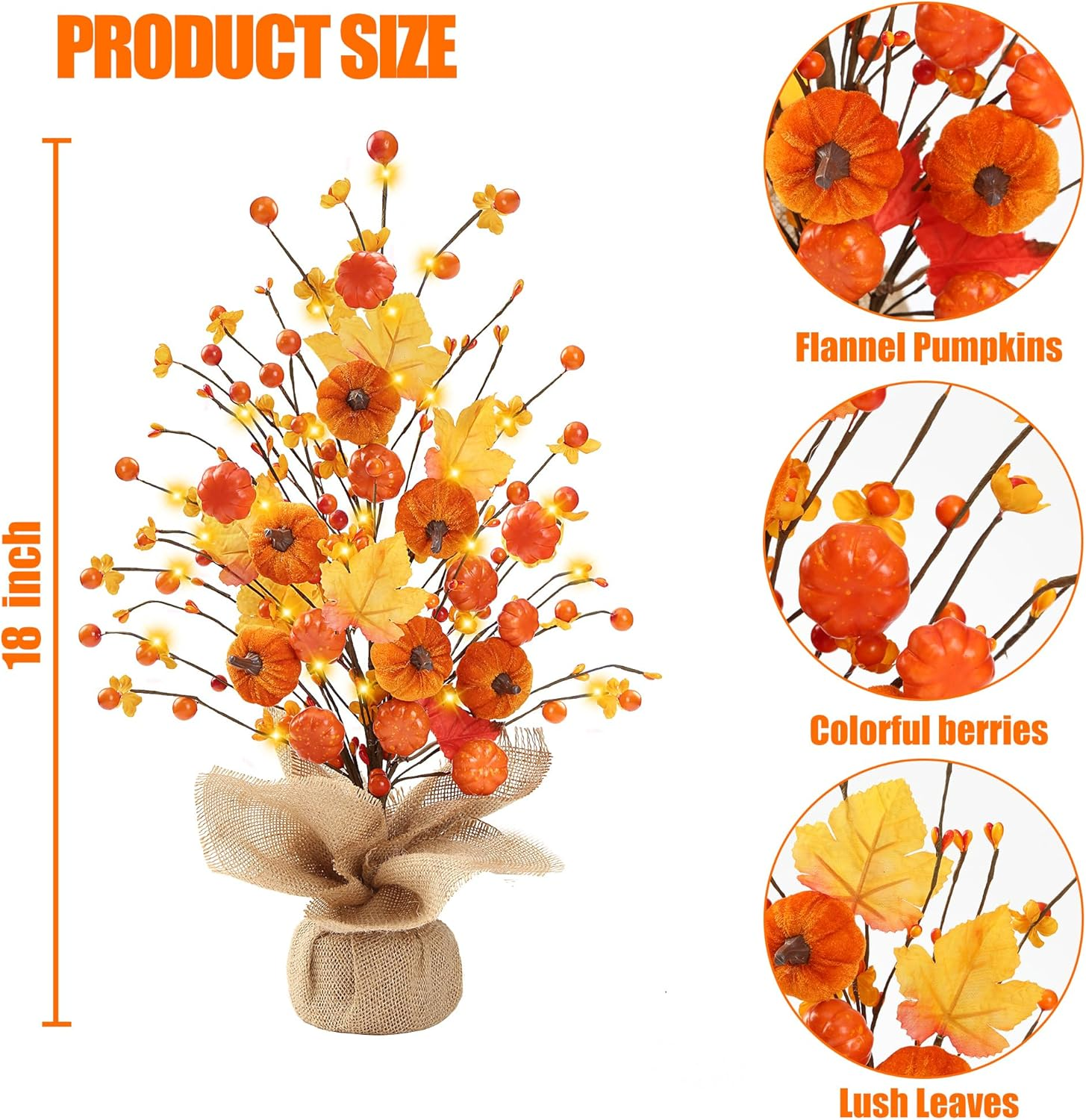 18’’ Fall Pumpkin Table Tree Autumn Decorations Artificial Maple Leaves Berries Faux Tree Decor with Burlap Base for Thanksgiving Harvest Home Holiday Decorations - Image 7