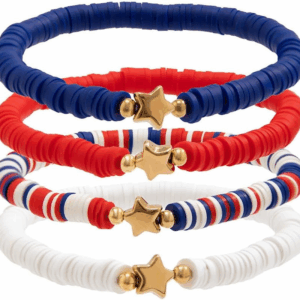 4Th of July Summer Beach Heishi Surfer Bracelets Set for Women America Patriotic Flag Clay Beaded Stretch Bracelet Red White Blue Star Stackable Charm Bangle Independence Day Gifts