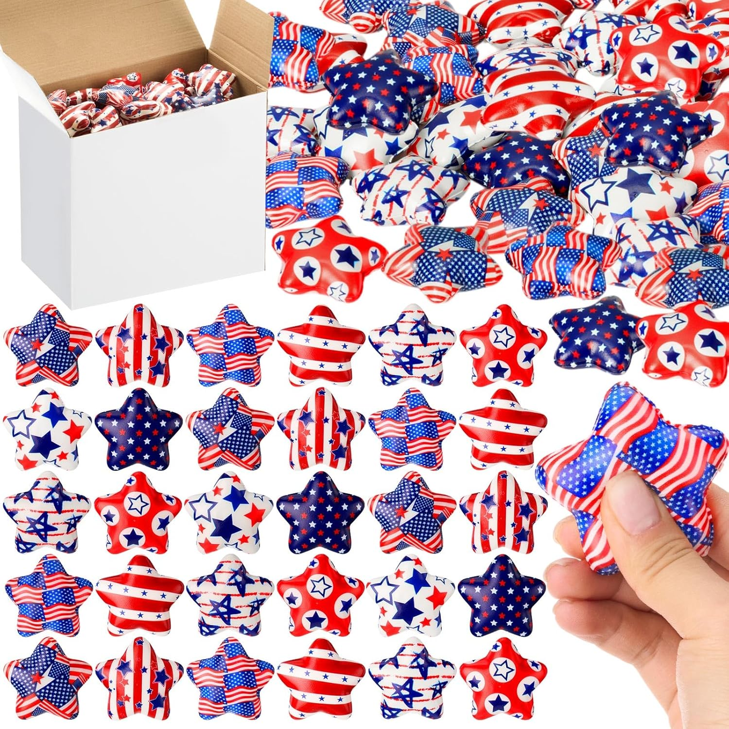 108 Pcs Patriotic Star Stress Ball Bulk 2 Inch Veterans Independence Day Mini Foam Stress Gifts Balls White Red Blue Relief Star Motivational Gifts for 4Th of July Party Carnival Reward(108 Pcs)