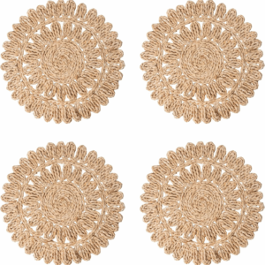 13.8" round Corn Husk Placemats | Boho Woven Rattan Table Mats | Natural Spring Farmhouse Plate Chargers | Handmade Rustic Wicker Place Mats for Christmas Wedding (Set of 4)