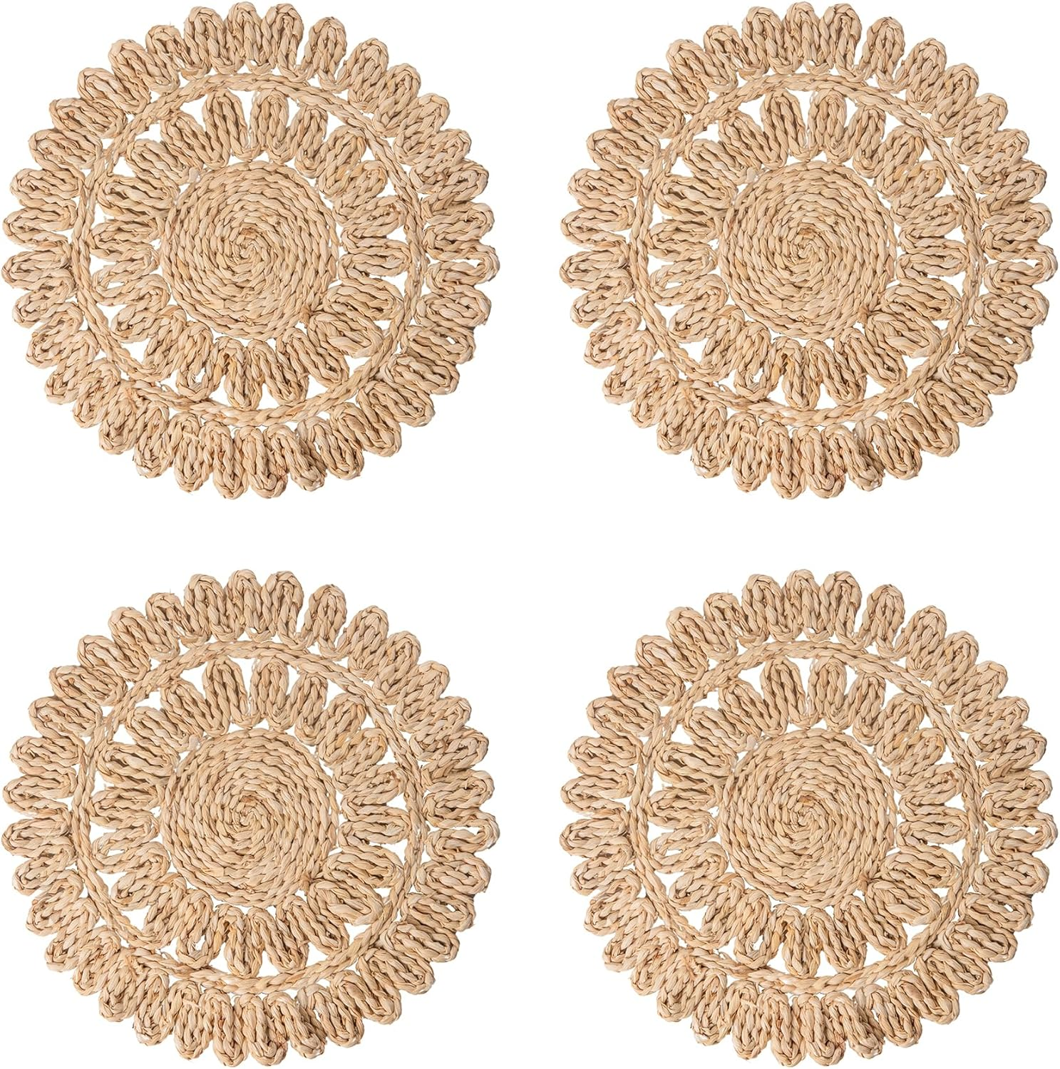 13.8" round Corn Husk Placemats | Boho Woven Rattan Table Mats | Natural Spring Farmhouse Plate Chargers | Handmade Rustic Wicker Place Mats for Christmas Wedding (Set of 4)