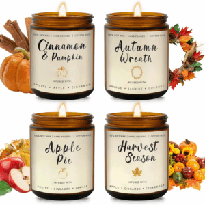 Fall Candles Gift Set – 4 Pack Scented Soy Candles for Home, Autumn Decor, Fall Decorations, Pumpkin Spice, Apple Pie, Cinnamon, Harvest – Great for Halloween & Thanksgiving Gifts