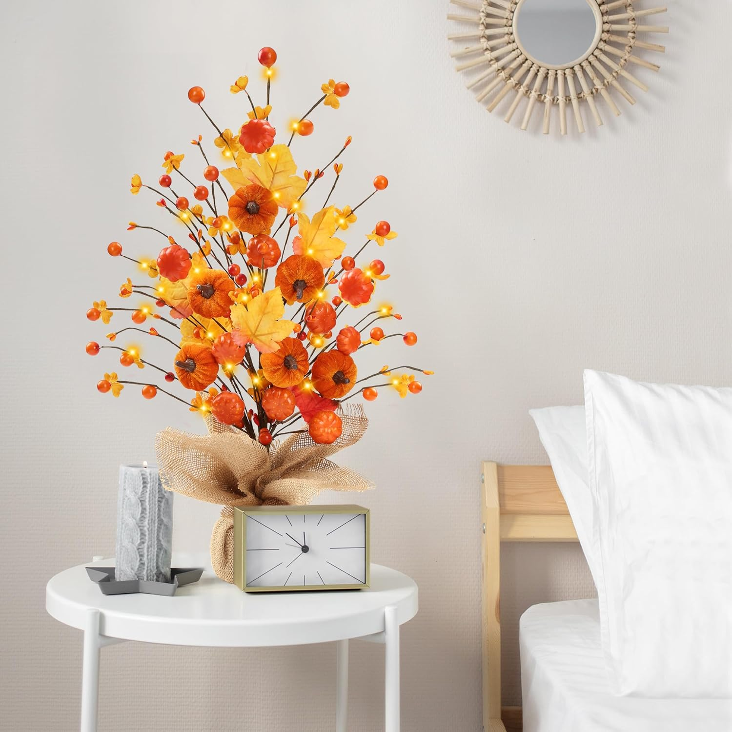 18’’ Fall Pumpkin Table Tree Autumn Decorations Artificial Maple Leaves Berries Faux Tree Decor with Burlap Base for Thanksgiving Harvest Home Holiday Decorations - Image 6