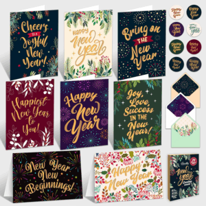 24 Pack Gold Foiled 6X4In Happy New Year Cards with Envelopes and Stickers, 8 Elegant Design Happy New Year Greeting Cards with Printed Message Inside
