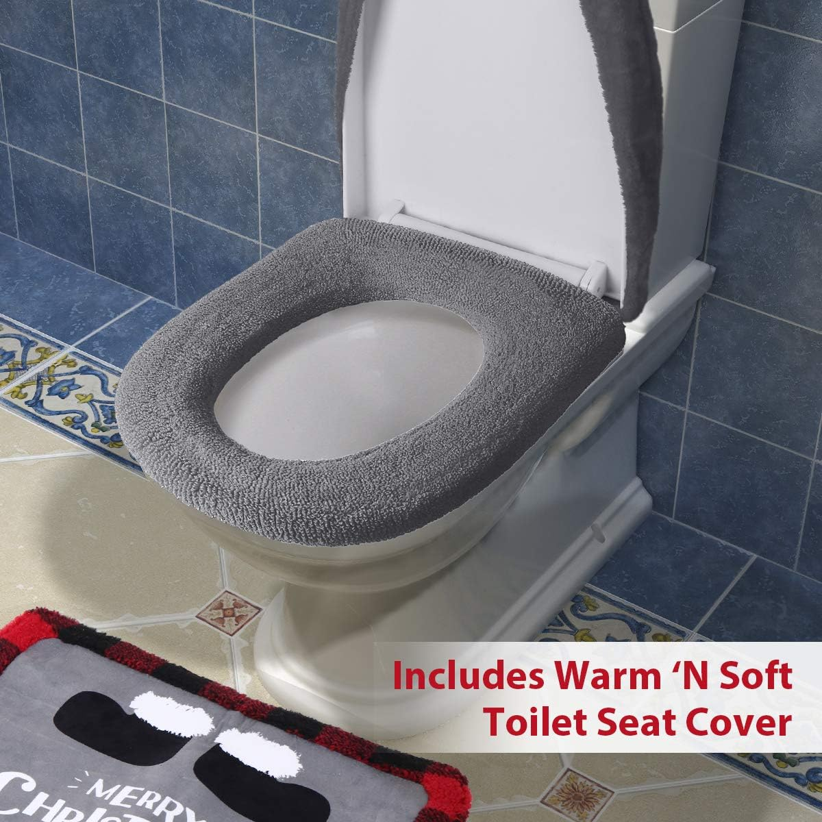 Gnome Toilet Seat Cover and Rug Set of 5, Funny Swedish Tomte Gnomes Scandinavian Christmas Bathroom Decorations 2025 - Image 5