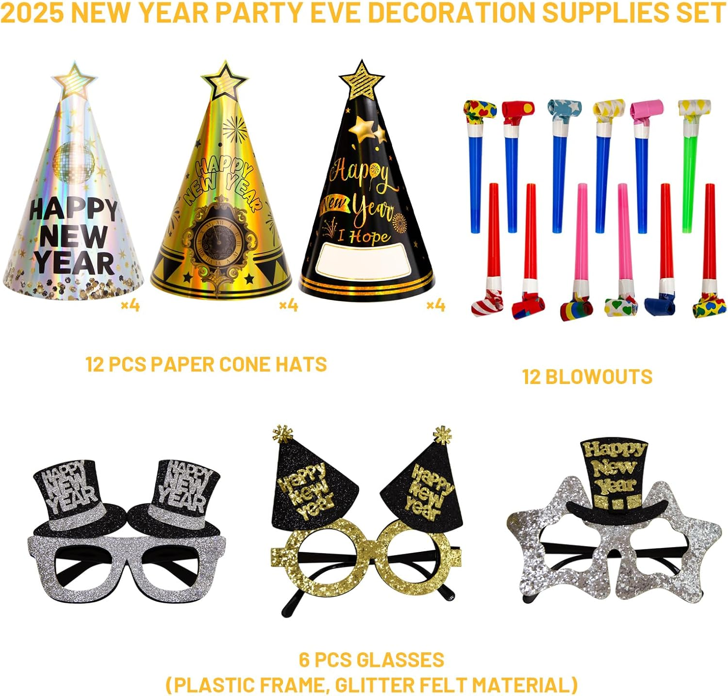 Happy New Years Eve Party Supplies 2026 Party Favors 12 Hats 6 Felt Plastic Frame Glitter Glasses 12 Blowouts New Year Decorations NYE Party Favors Squawkers Noisemakers - Image 2