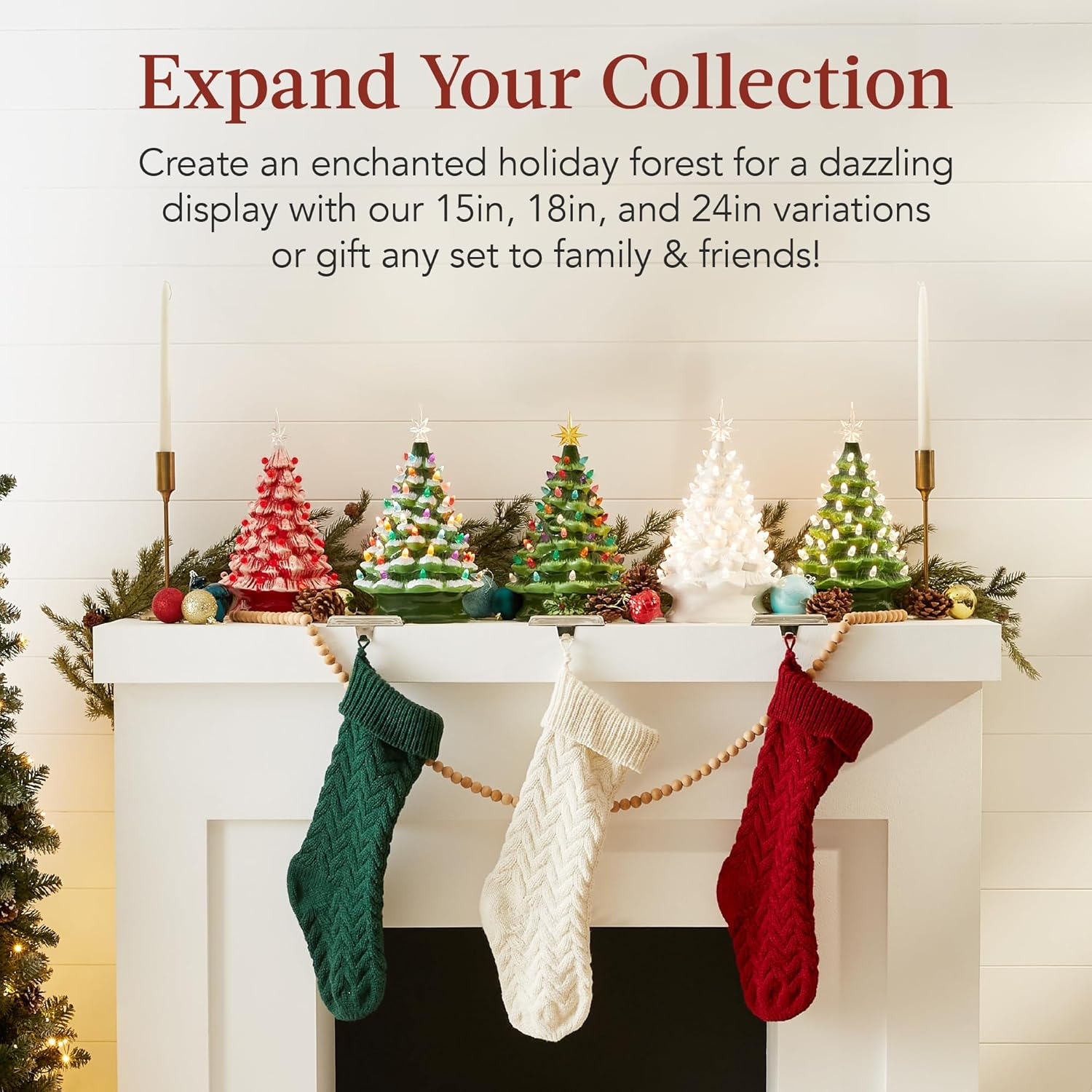 15In Ceramic Christmas Tree, Pre-Lit Hand-Painted Tabletop Holiday Tree, Star Topper, 64 Lights - Green W/Multicolored Bulbs - Image 6