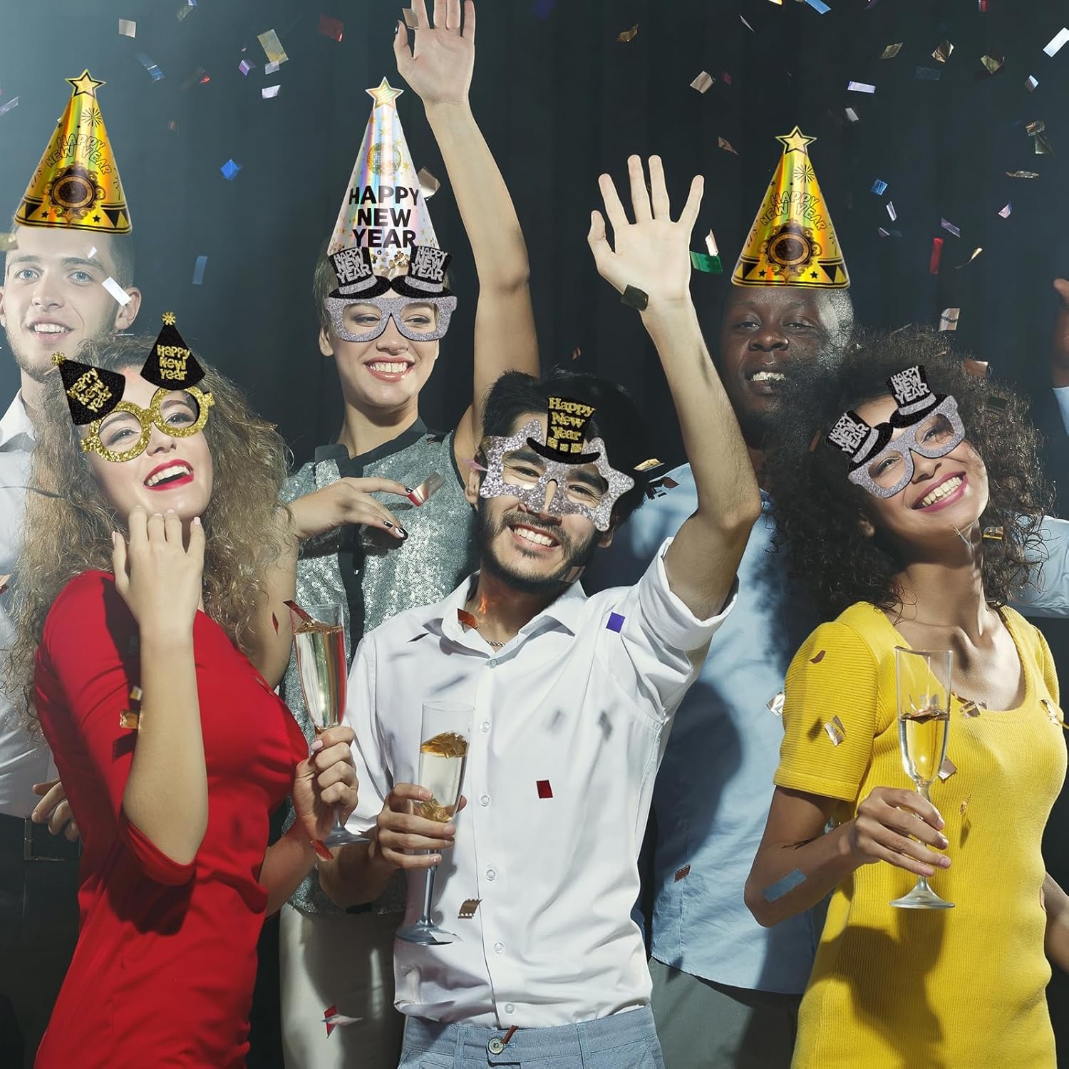 Happy New Years Eve Party Supplies 2026 Party Favors 12 Hats 6 Felt Plastic Frame Glitter Glasses 12 Blowouts New Year Decorations NYE Party Favors Squawkers Noisemakers - Image 6