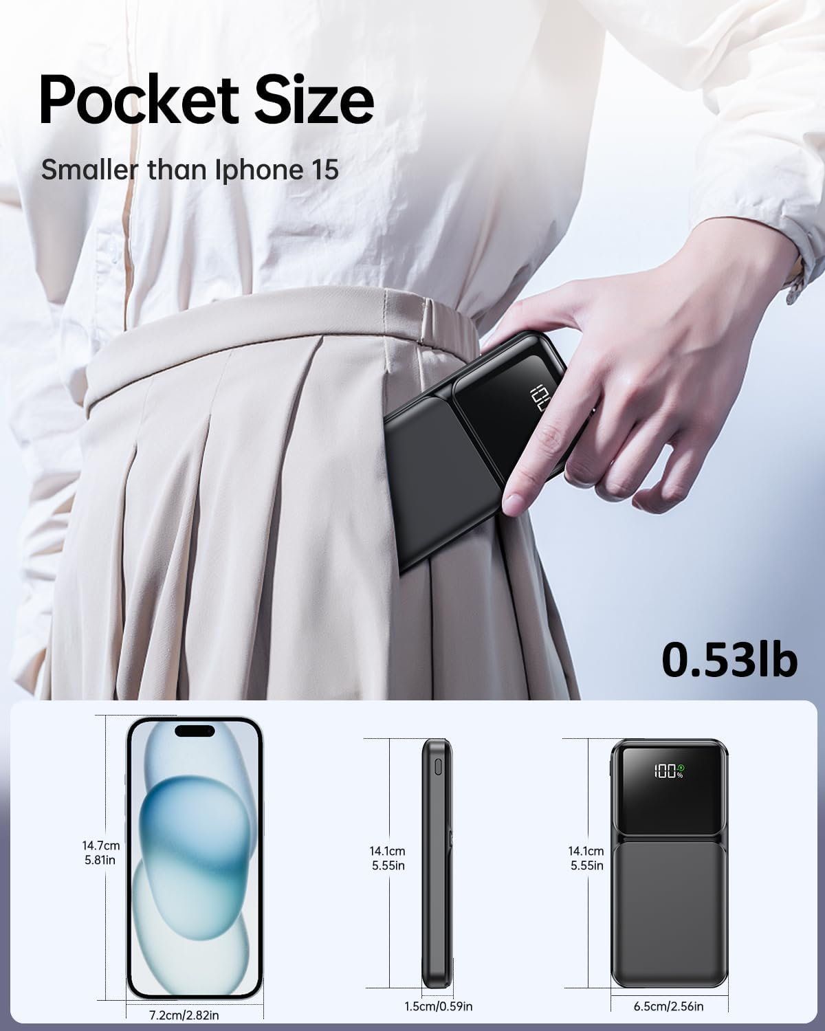 Portable Charger with Built in Cable - 20000Mah Fast Charging 22.5W Slim Power Bank USB C LED Display Travel Battery Pack 5 Outputs & 3 Inputs for Iphone Samsung Android Ipad Phones Tablets Etc - Image 6