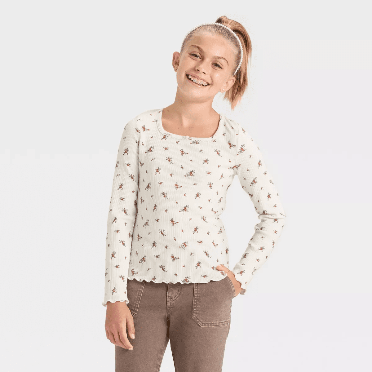 Girls' Long Sleeve Ribbed Knit T-Shirt - Cat & Jack