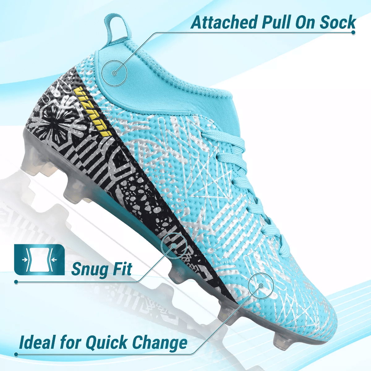 Vizari Saco MC Adult Soccer Cleats for Outdoor Play | Mid-Cut High Ankle Football Shoes with Sock | Professional Spikes High Top Football Cleats | Transparent Studs Soccer Cleats - Image 5