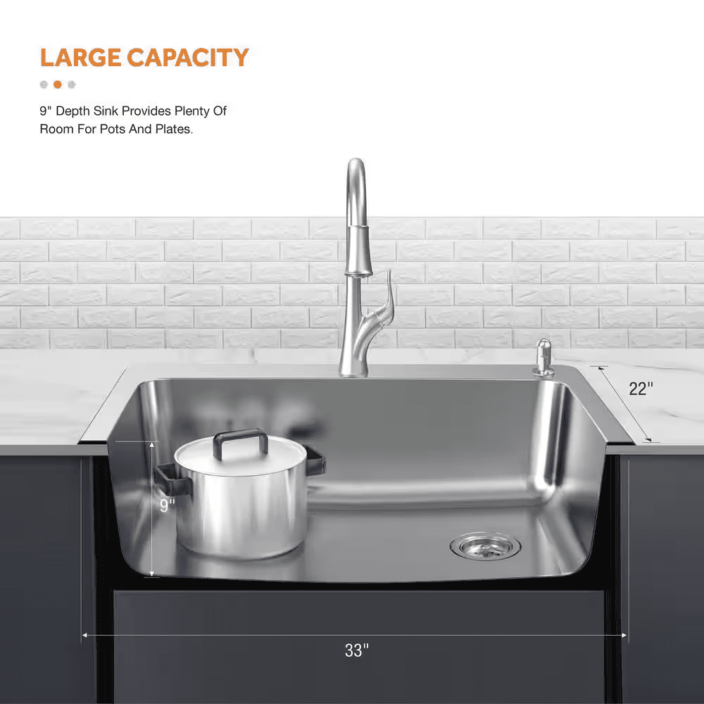 33 In. Drop-In Single Bowl 18 Gauge Stainless Steel Kitchen Sink with Pull-Down Faucet - Image 3