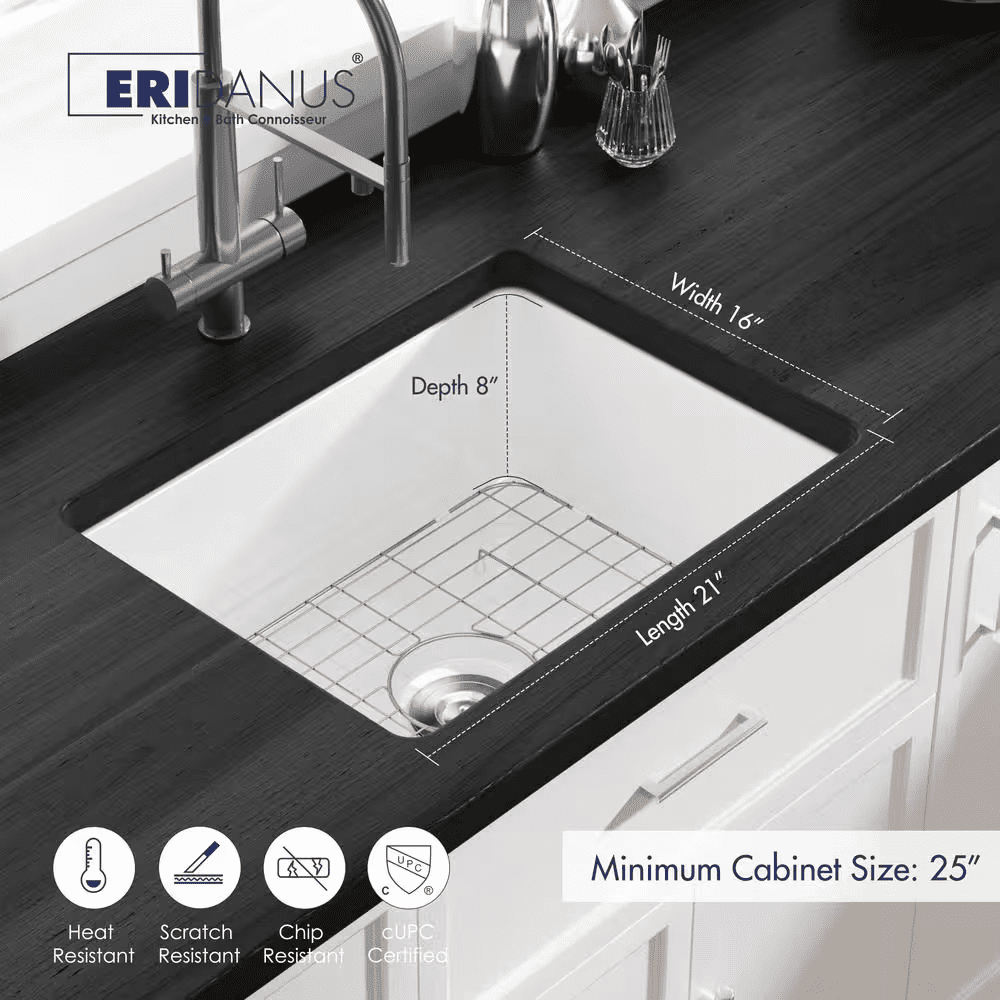 Oslo 24 In. Undermount Single Bowl White Ceramic Kitchen Sink with Bottom Grid and Basket Strainer - Image 8