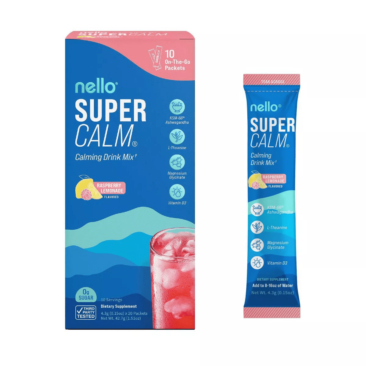 Nello Supercalm Calming Drink Mix Supplement Powder - Raspberry Lemonade - 10Ct