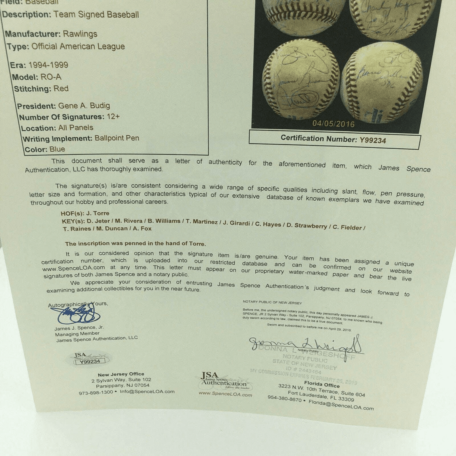 1996 NY Yankees W.S. Champs Team Signed Game Used Baseball Derek Jeter JSA COA - Image 8