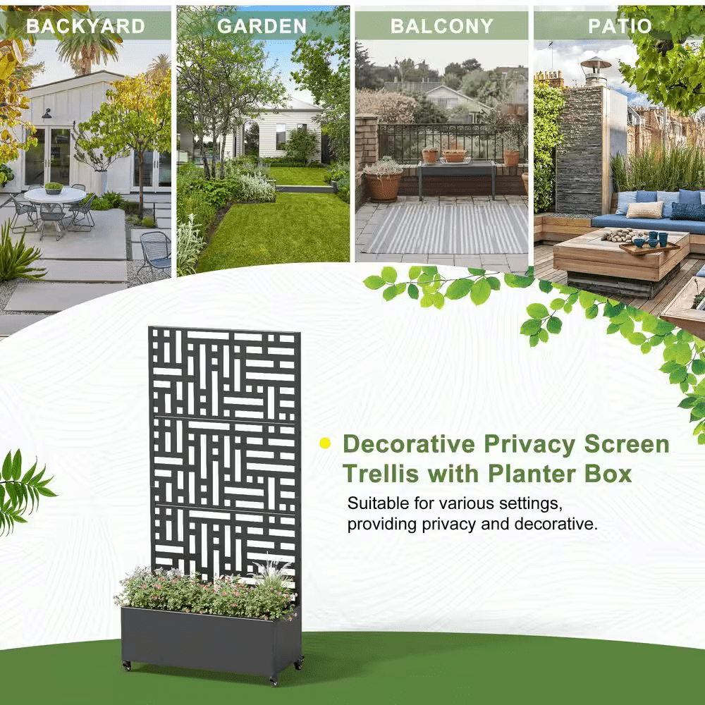 72 In. X 35 In. Black Outdoor Metal Privacy Screen Raised Planter Box Wall Decor - Image 9