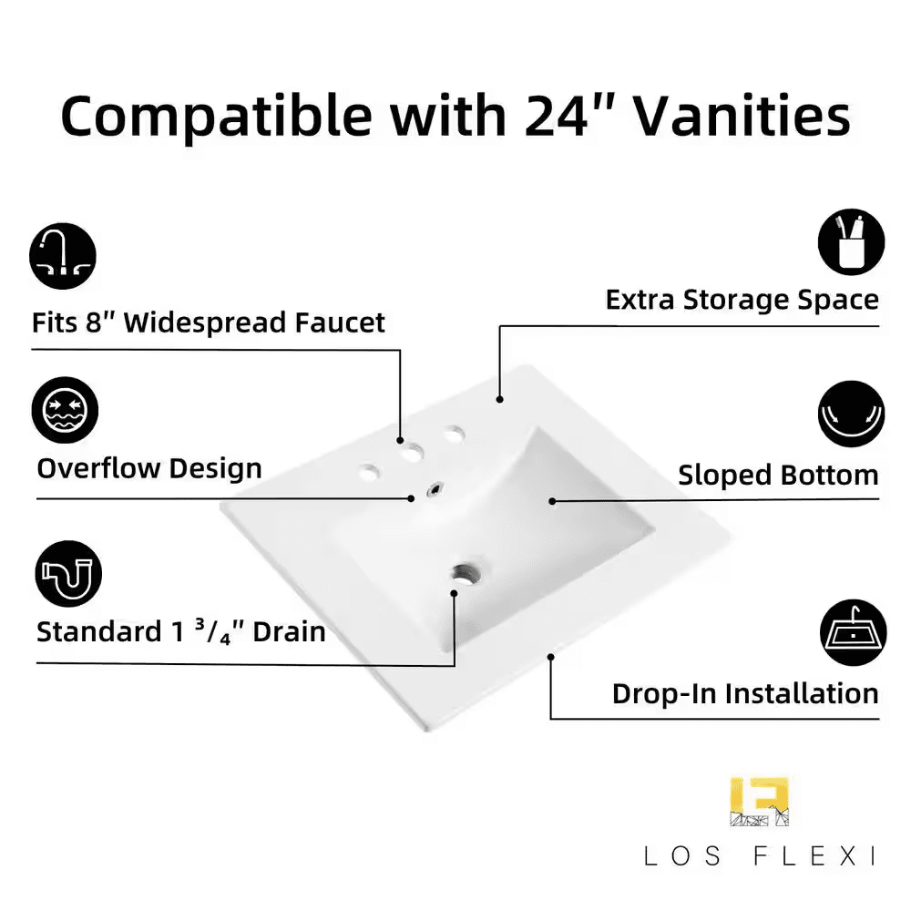 Rectangular Drop-In Bathroom Sink 24 In. X 18 In. White Ceramic Semi-Recessed Vessel Sink with Widespread Faucet Holes - Image 7